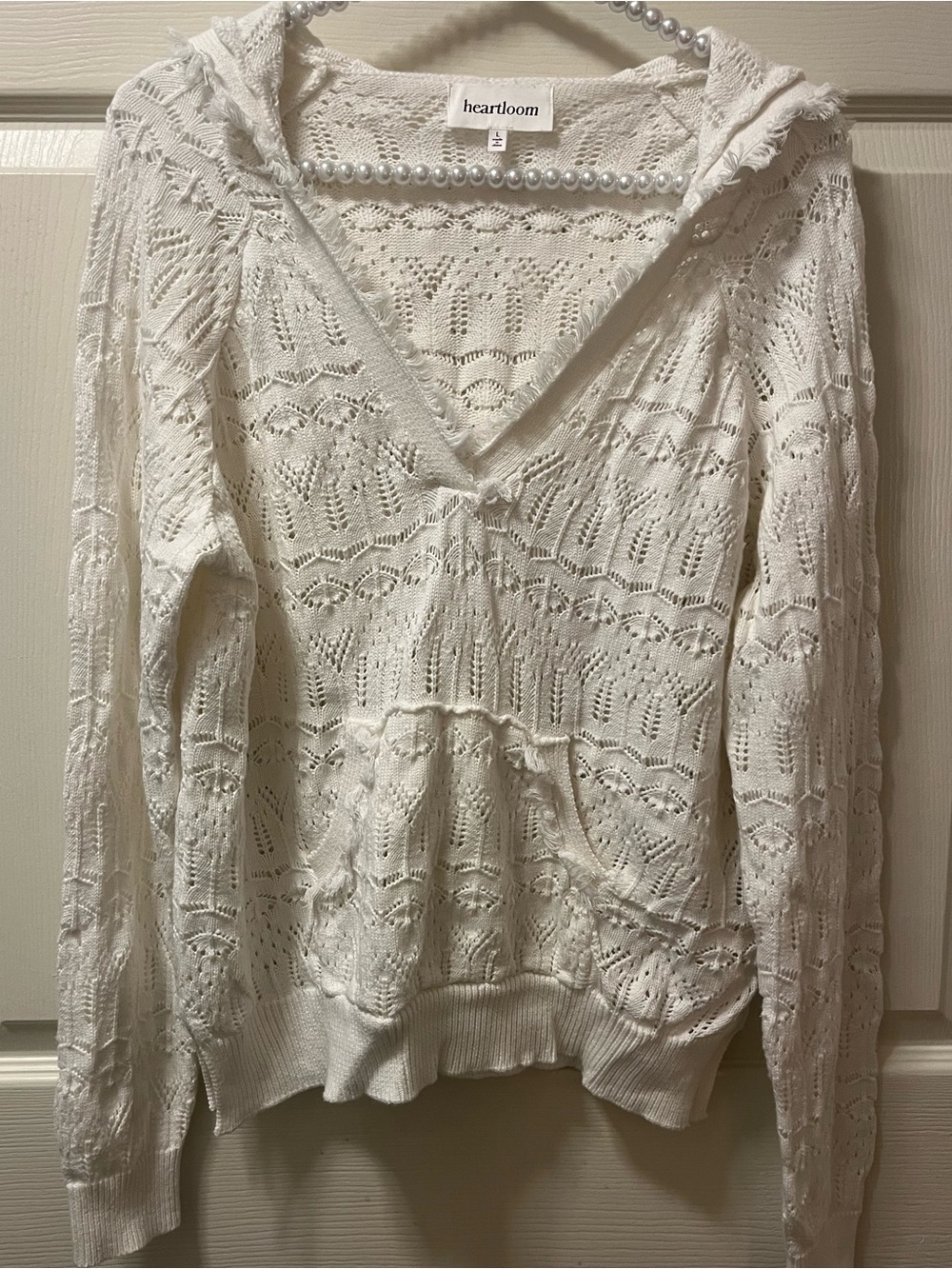 Heartloom Women's White Open-Knit V-Neck Hoodie Sweater w/Kangaroo pocket SZ‎ LG
